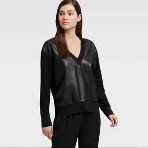 DKNY V-NECK SWEATSHIRT WITH FAUX LEATHER PANEL, S